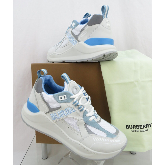 $850 BURBERRY SEAN WHITE SUEDE MESH PALE BLUE LOGO LOW SNEAKERS 41 US 8 ITALY main image 12